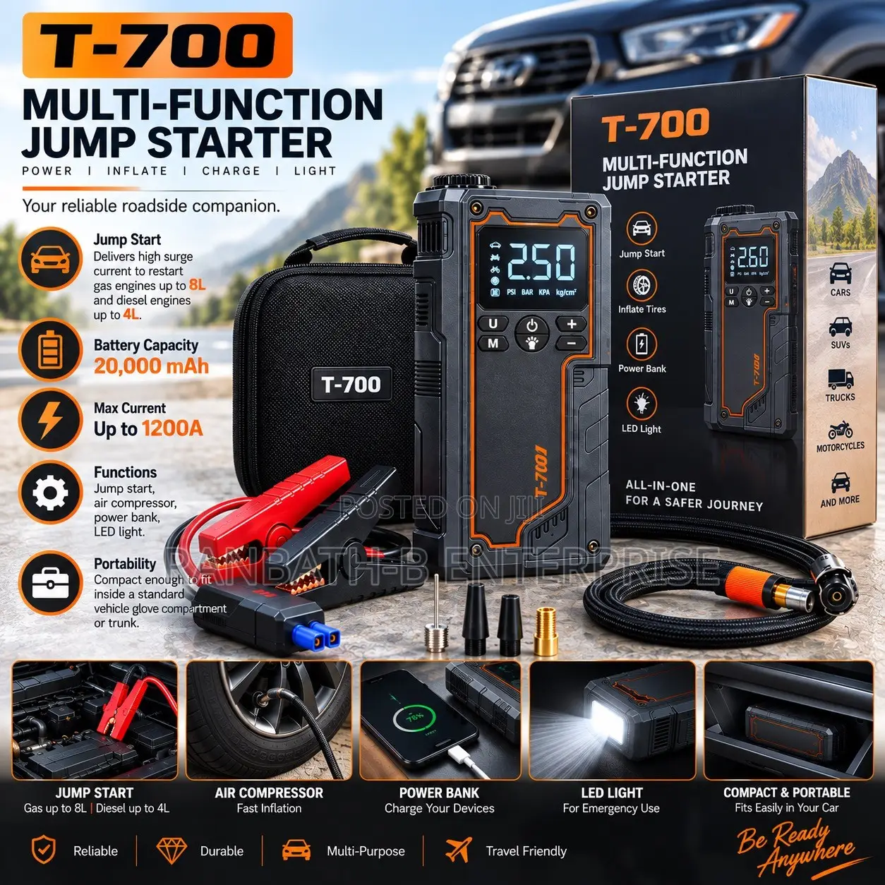 T-700 Multi-Function Jump Starter Tyre Inflator – 20,000mAh
