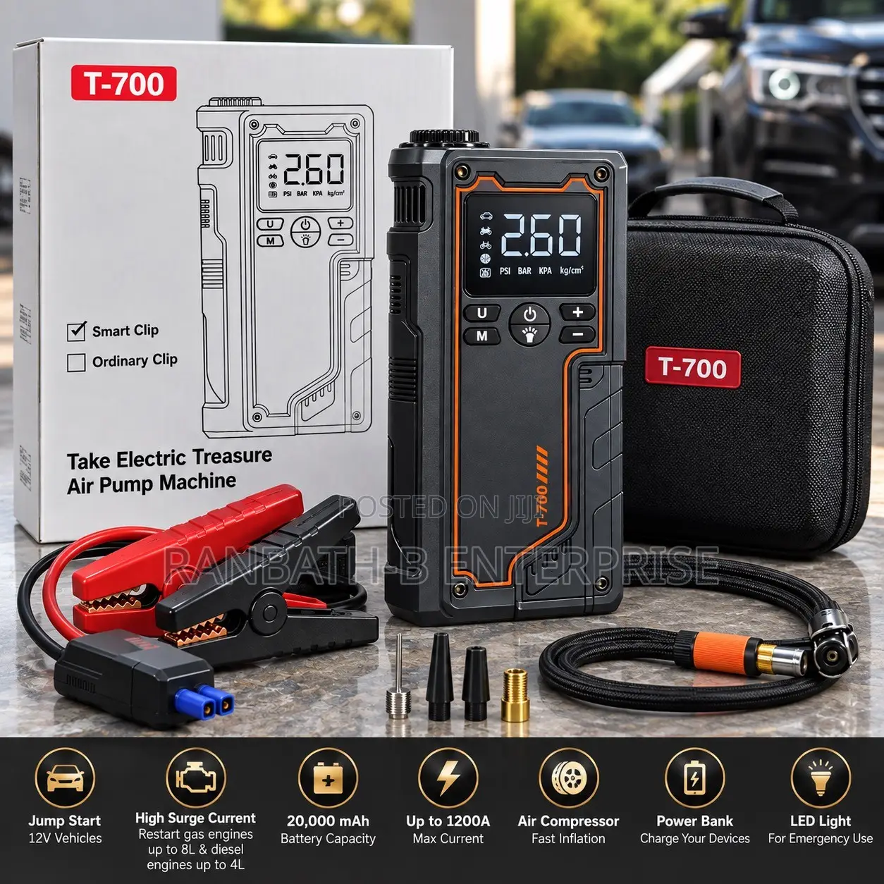 T-700 Multi-Function Jump Starter Tyre Inflator – 20,000mAh