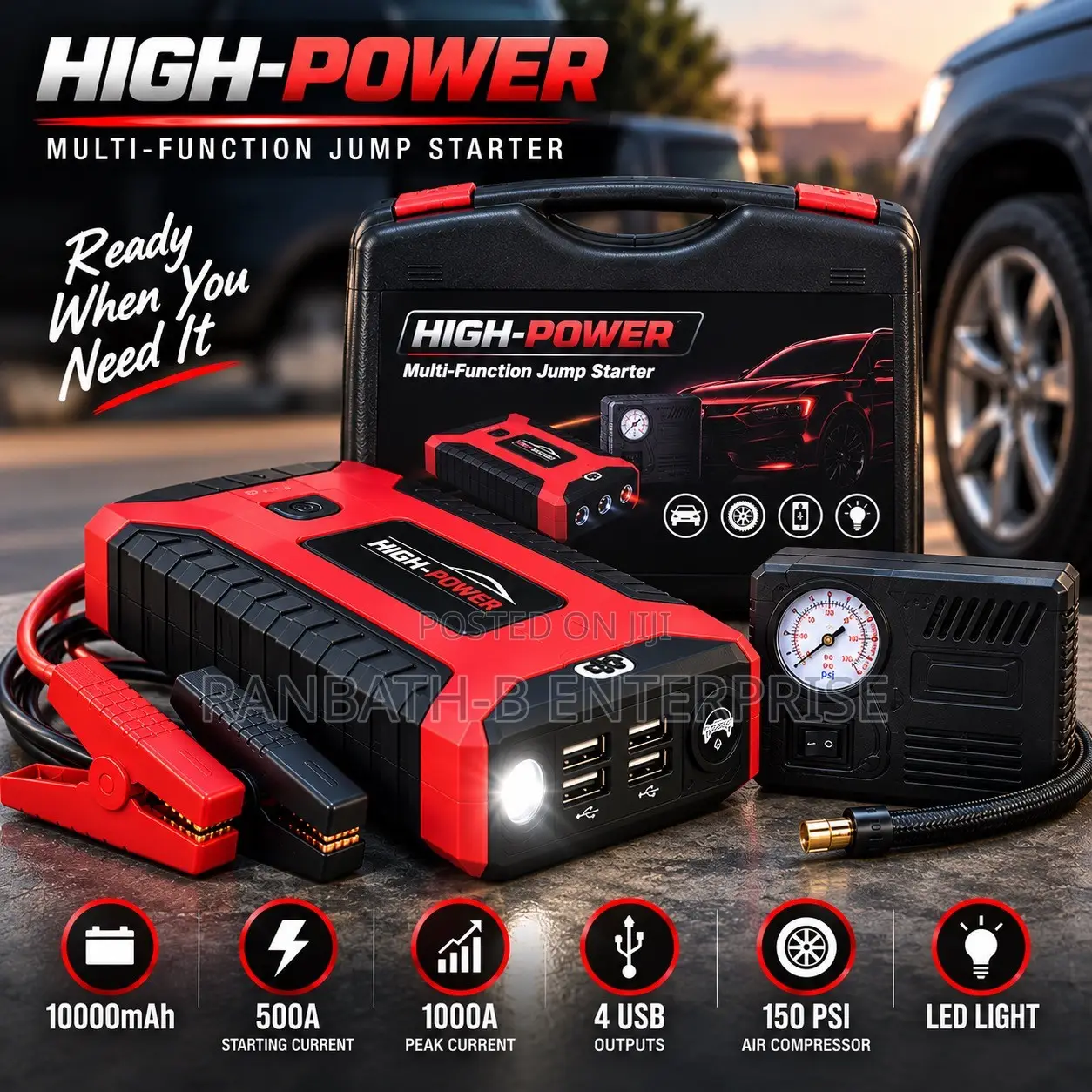 HIGH-POWER Multi-Function Jump Starter—1000A Peak 150 PSI Compressor