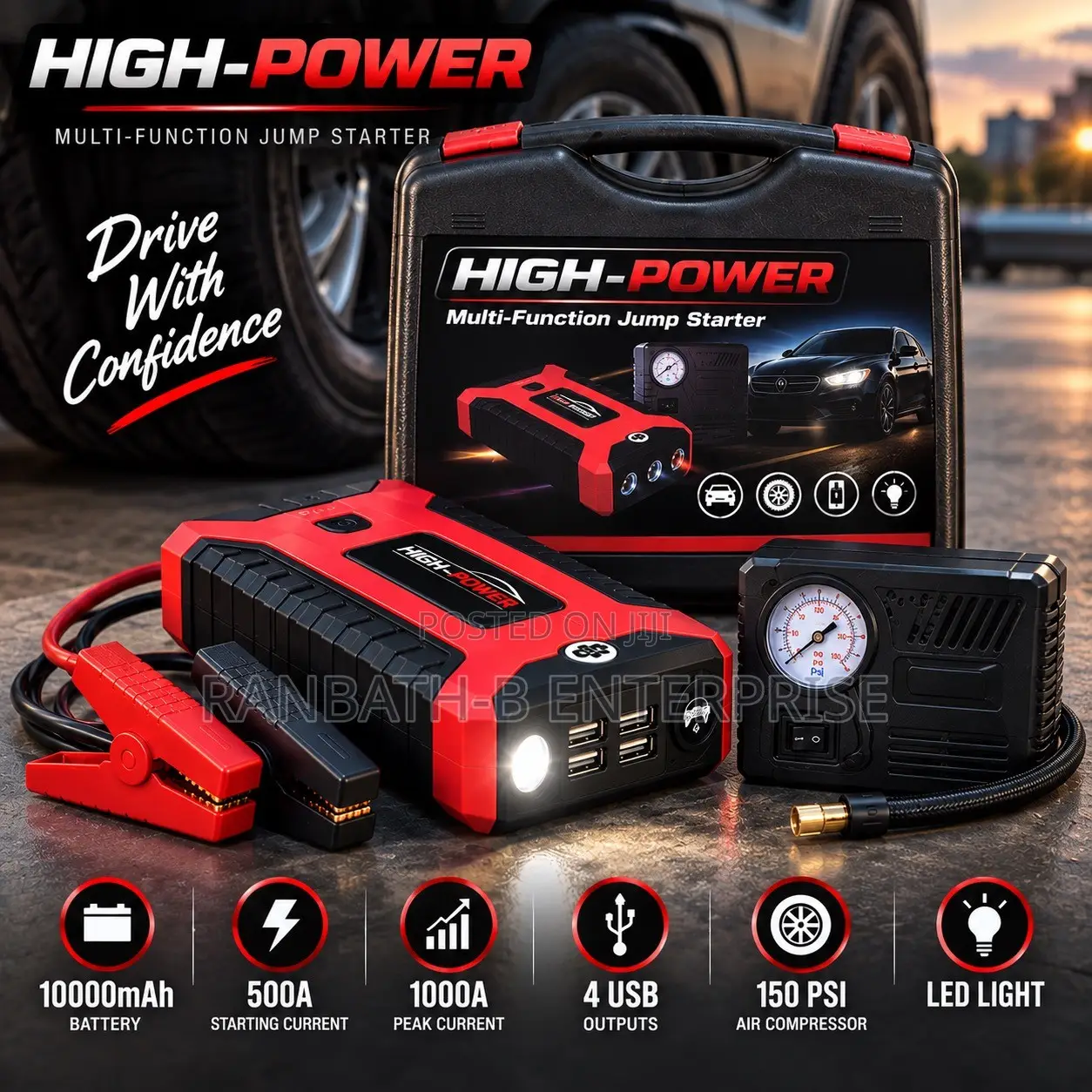HIGH-POWER Multi-Function Jump Starter—1000A Peak 150 PSI Compressor