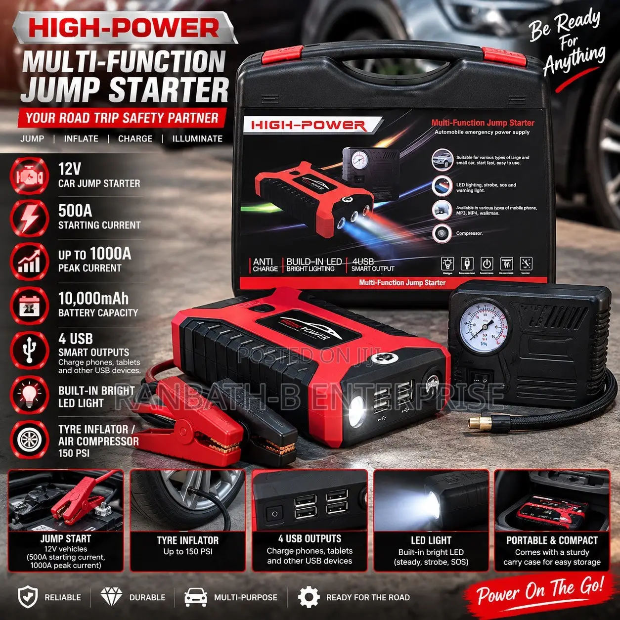 HIGH-POWER Multi-Function Jump Starter—1000A Peak 150 PSI Compressor