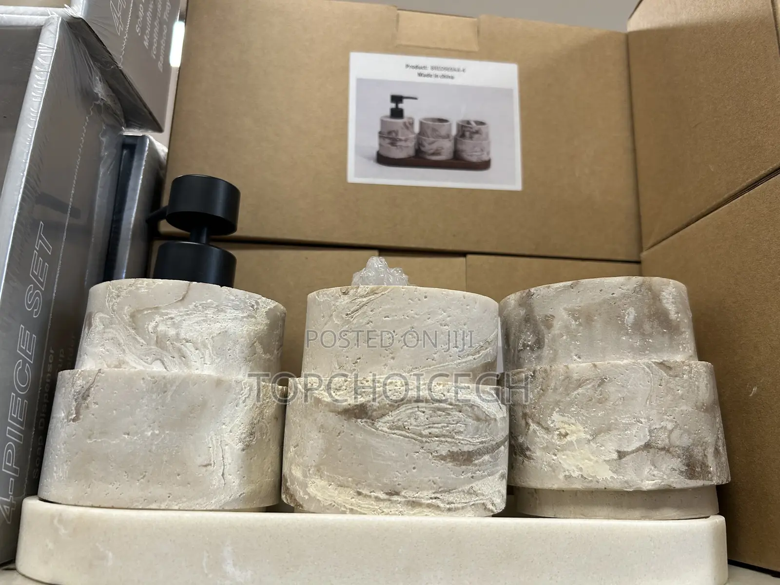 Modern Stone Effect Soap Dispenser Tumbler Set With Tray