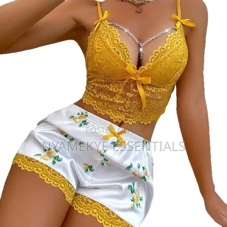 2-Piece Satin Lace Short Night Wear Set--Sexy Lace