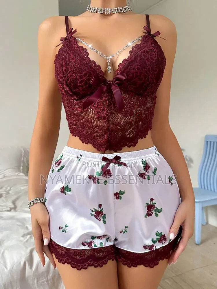 2-Piece Satin Lace Short Night Wear Set--Sexy Lace