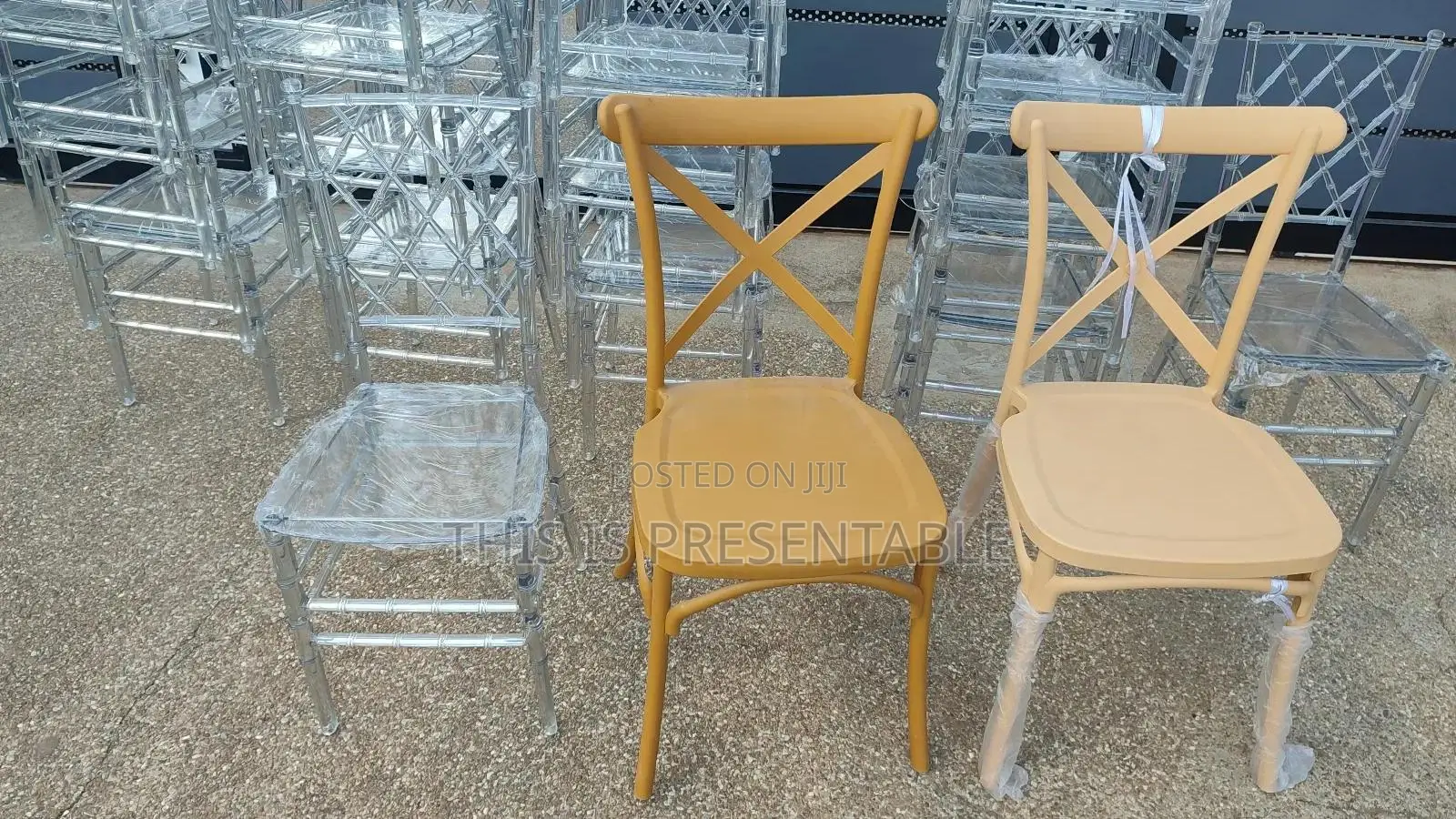 Acrylic / Crystal / Ghost Chairs and Cross-Back Chairs Are for Sale