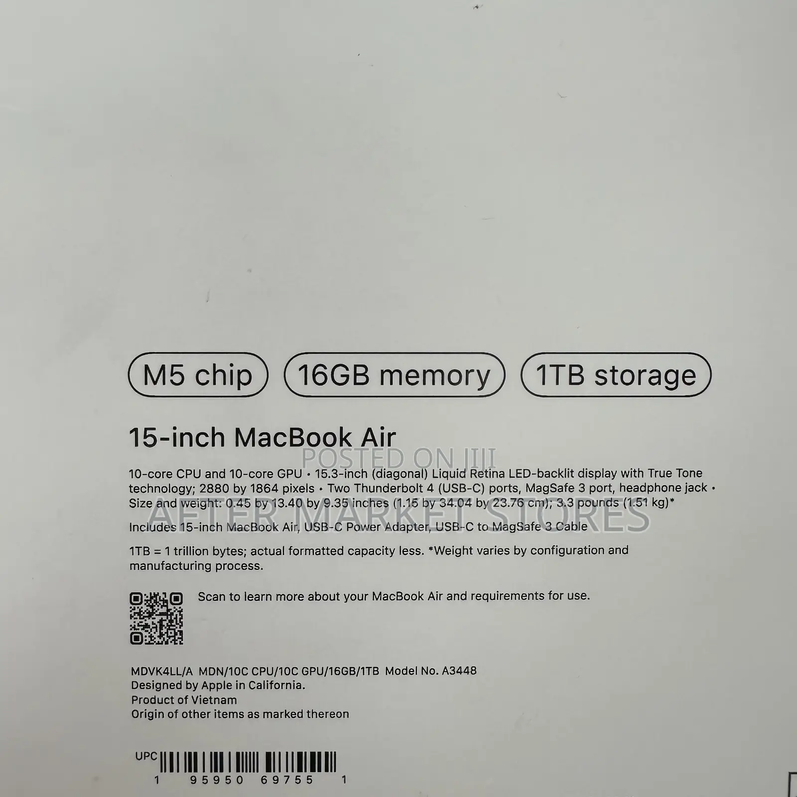 New Laptop Apple MacBook Air 2026 M5 16GB Apple M5 SSD 1T