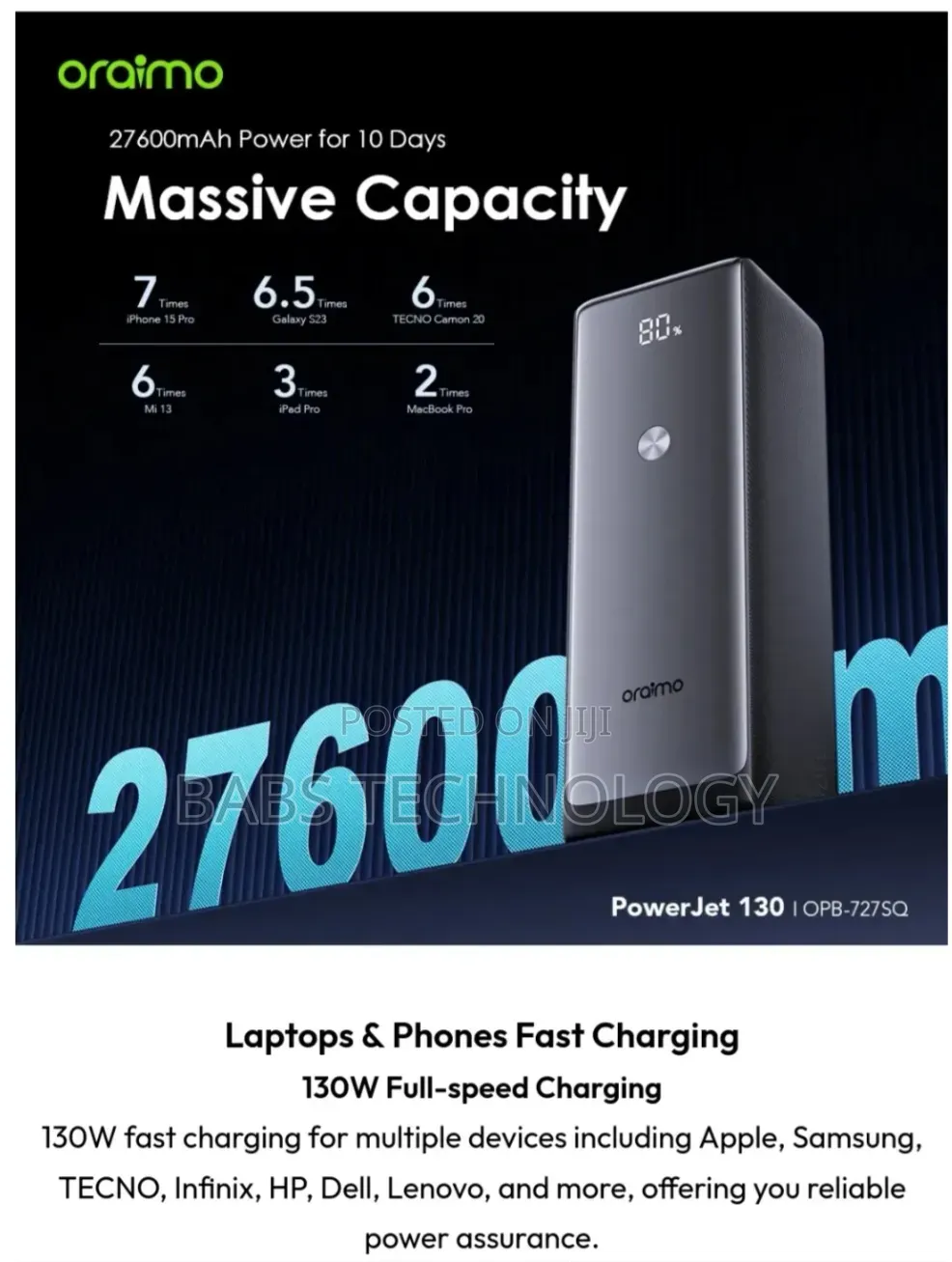 Oraimo PowerJet 130 — 27,600mAh | 130W Ultra-Fast