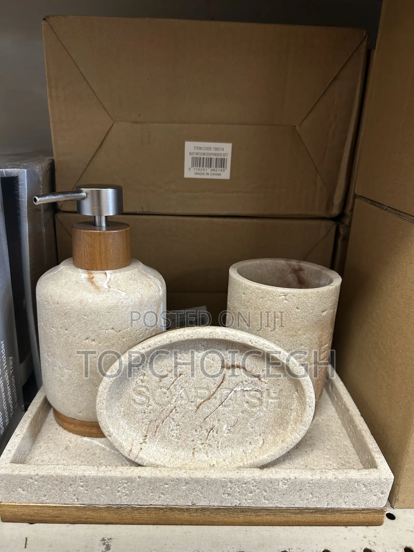 Natural Stone Soap Dispenser Soap Dish Set With Wood Base