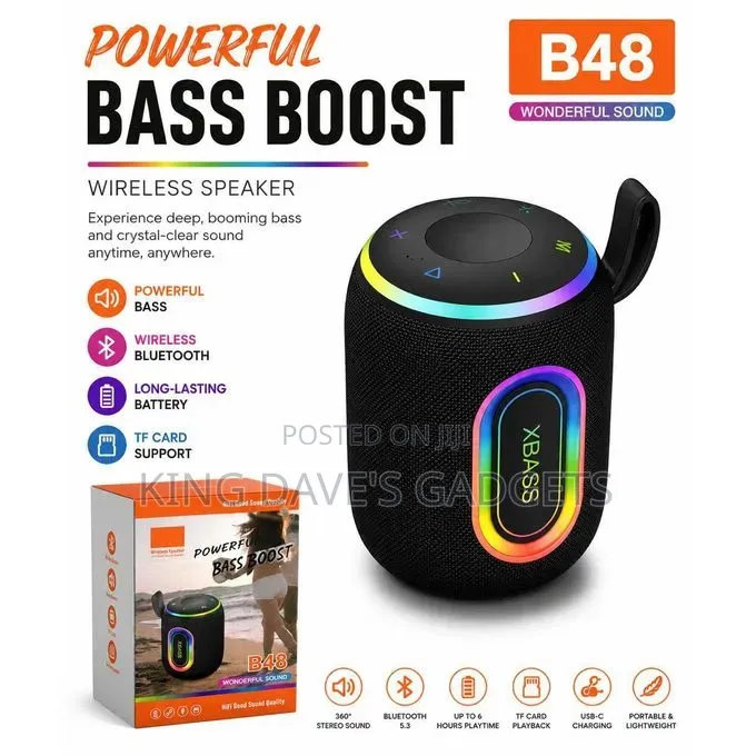 B48 Portable Wireless Bluetooth Speaker With Extra Bass RGB Lights