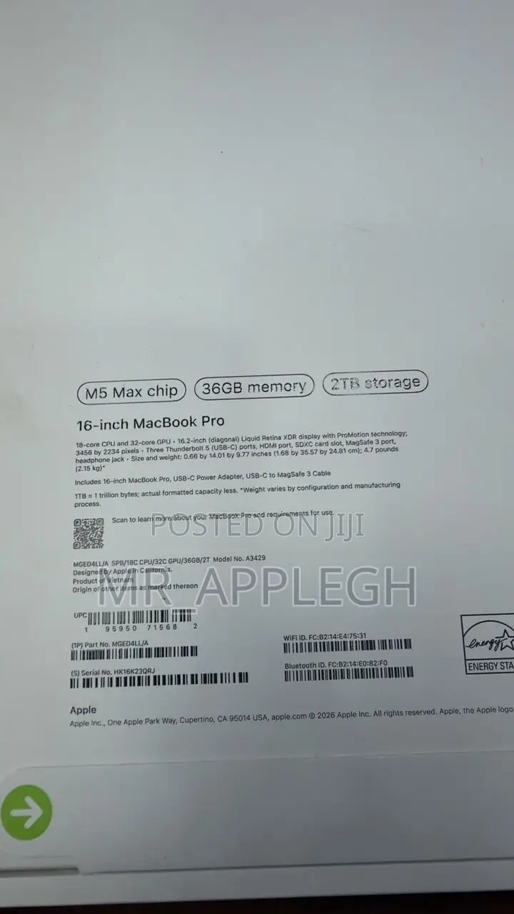 New Laptop Apple MacBook Pro 2026 M5 Max 36GB Apple M5 Max SSD 1T