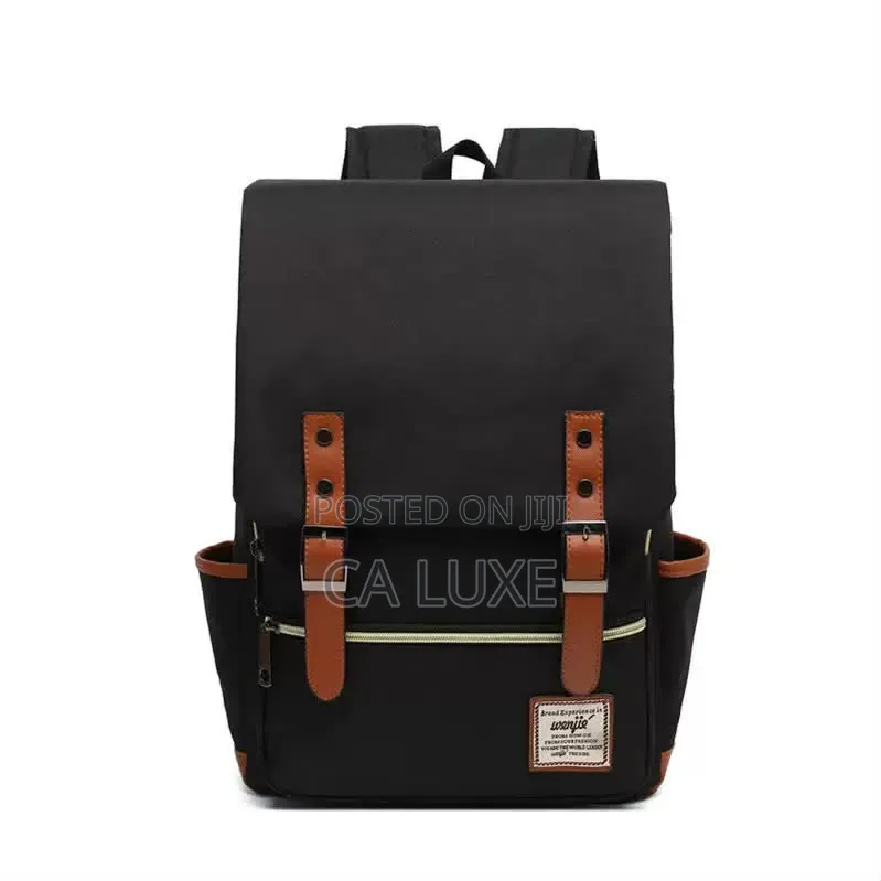 Black Vintage-Style Canvas Laptop Backpack With Brown Leather