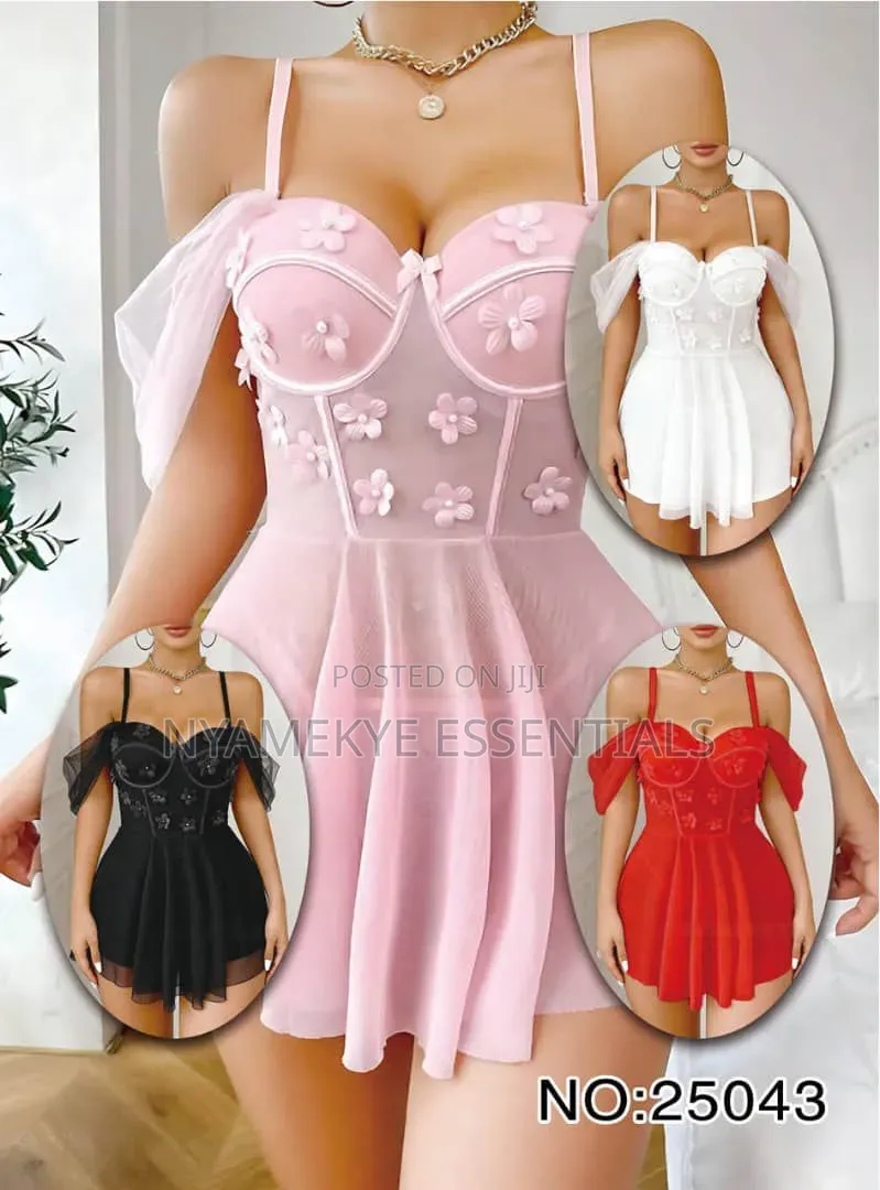 Mesh Flower Night Wear Dress With G-String--4 Colos