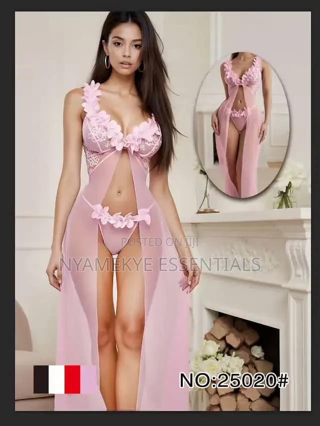 Mesh Flower Night Wear Dress With G-String--4 Colos