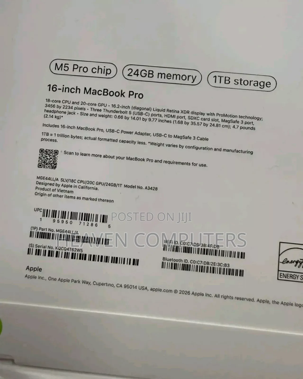 New Laptop Apple MacBook Pro 2026 M5 Pro 24GB Apple M5 Pro SSD 1T