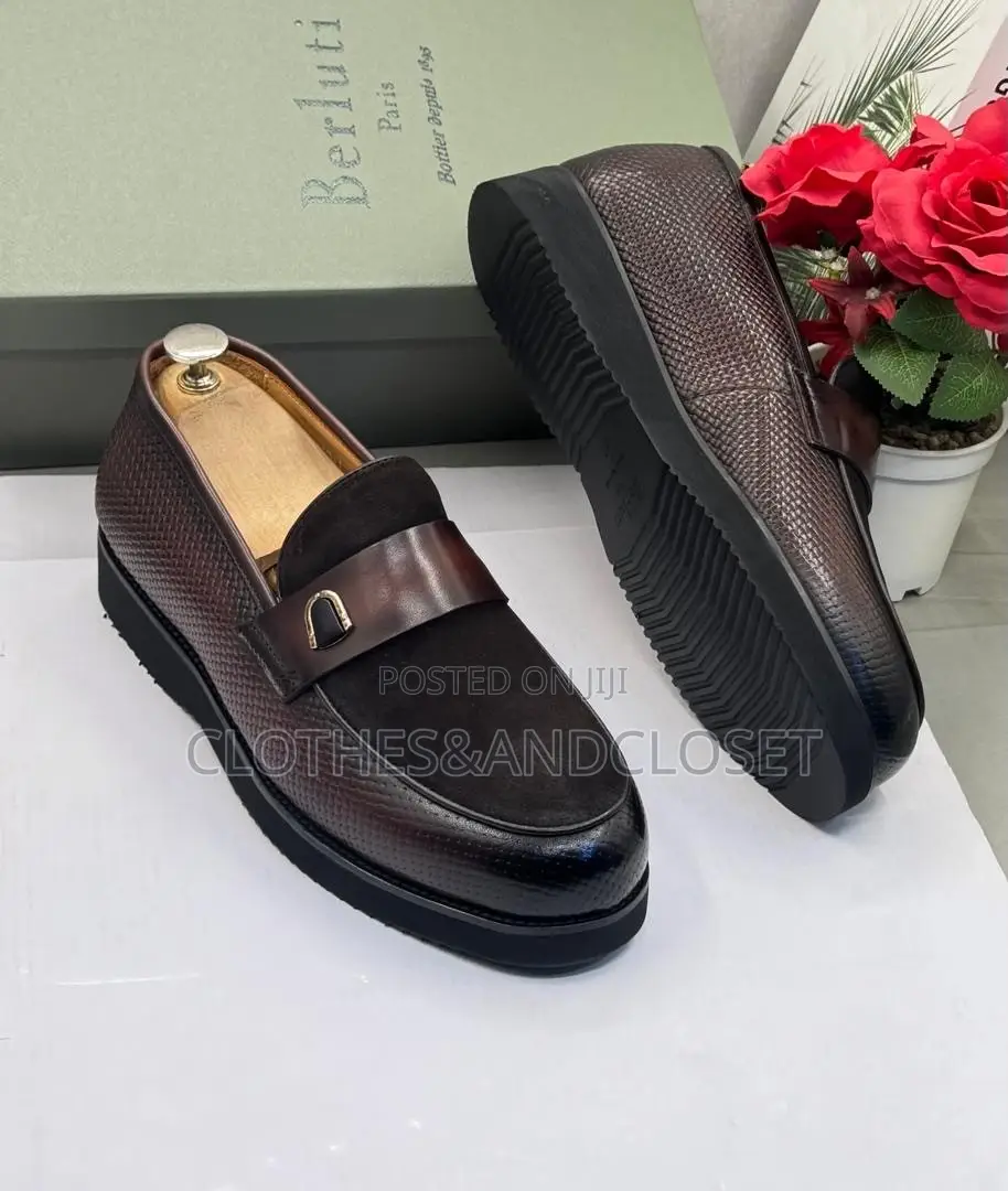 Brown Mixed-Texture Leather and Suede Dress Loafers