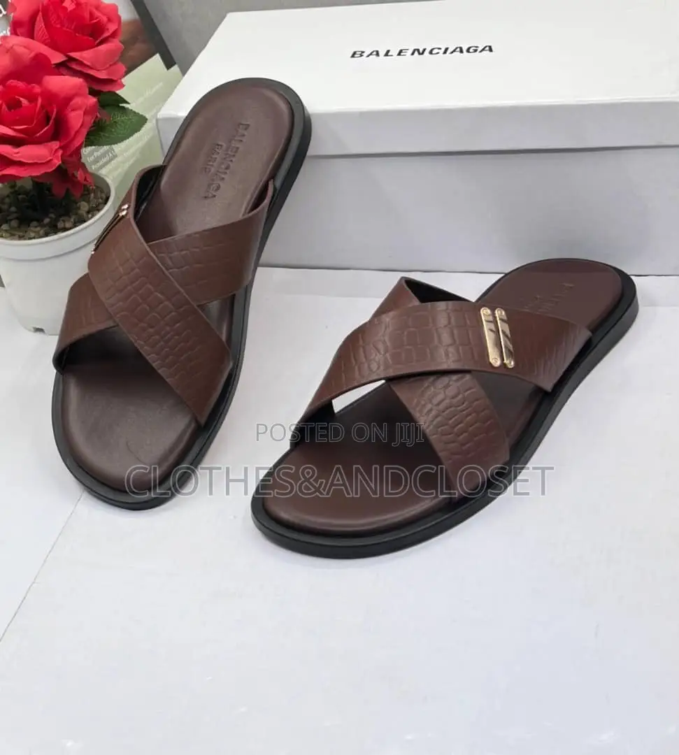 Brown Leather Cross-Strap Slidesandalstextured Crocodileembossedpatter