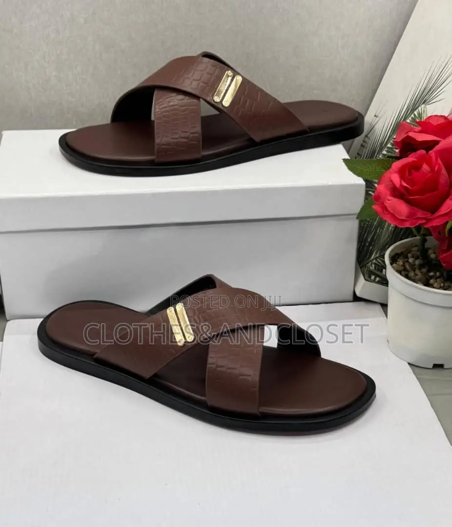 Brown Leather Cross-Strap Slidesandalstextured Crocodileembossedpatter