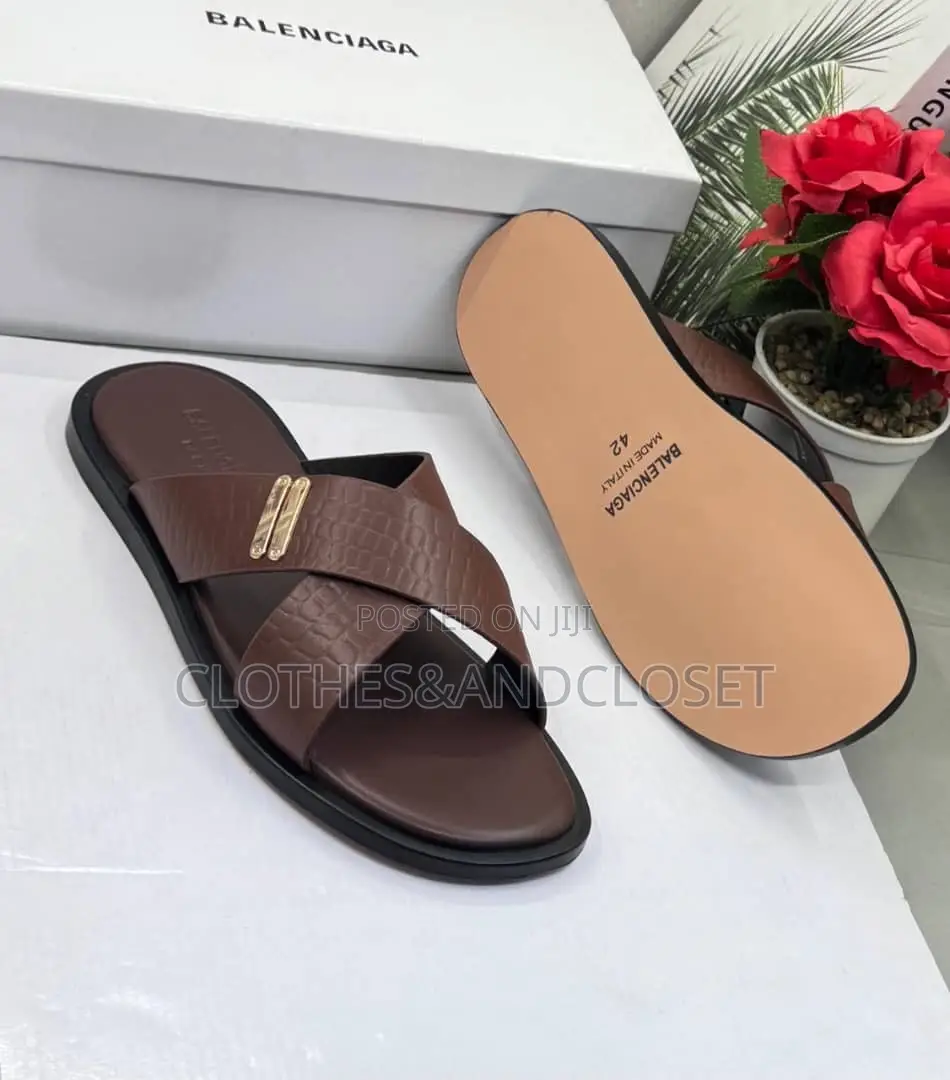 Brown Leather Cross-Strap Slidesandalstextured Crocodileembossedpatter