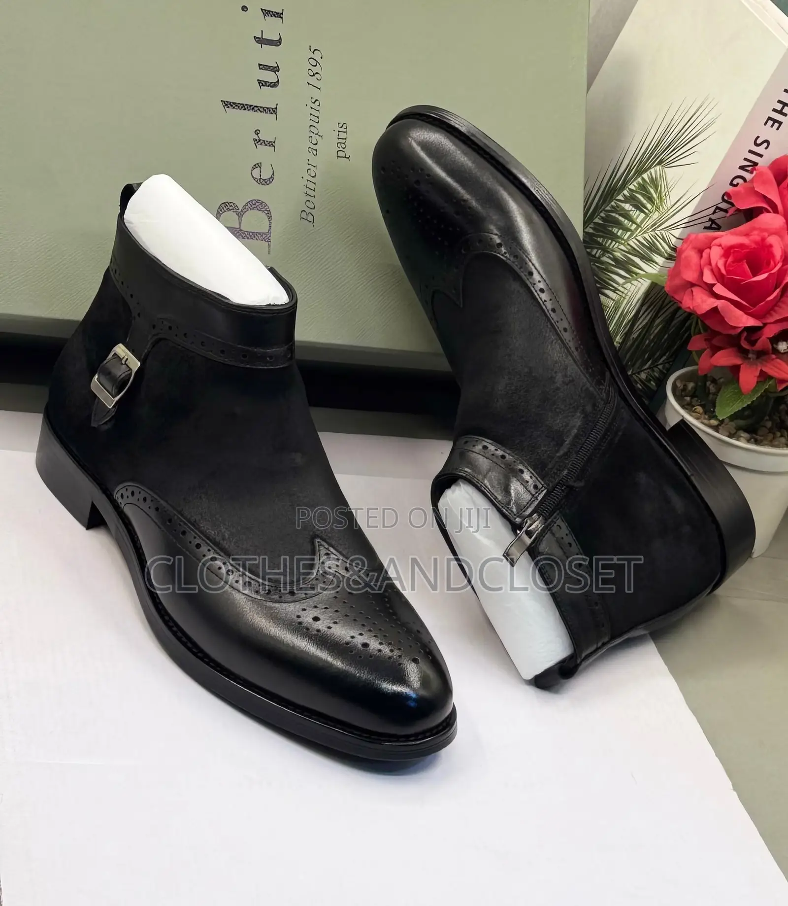Black Men's Dress Boots Featuring a Combination of Polished Smooth
