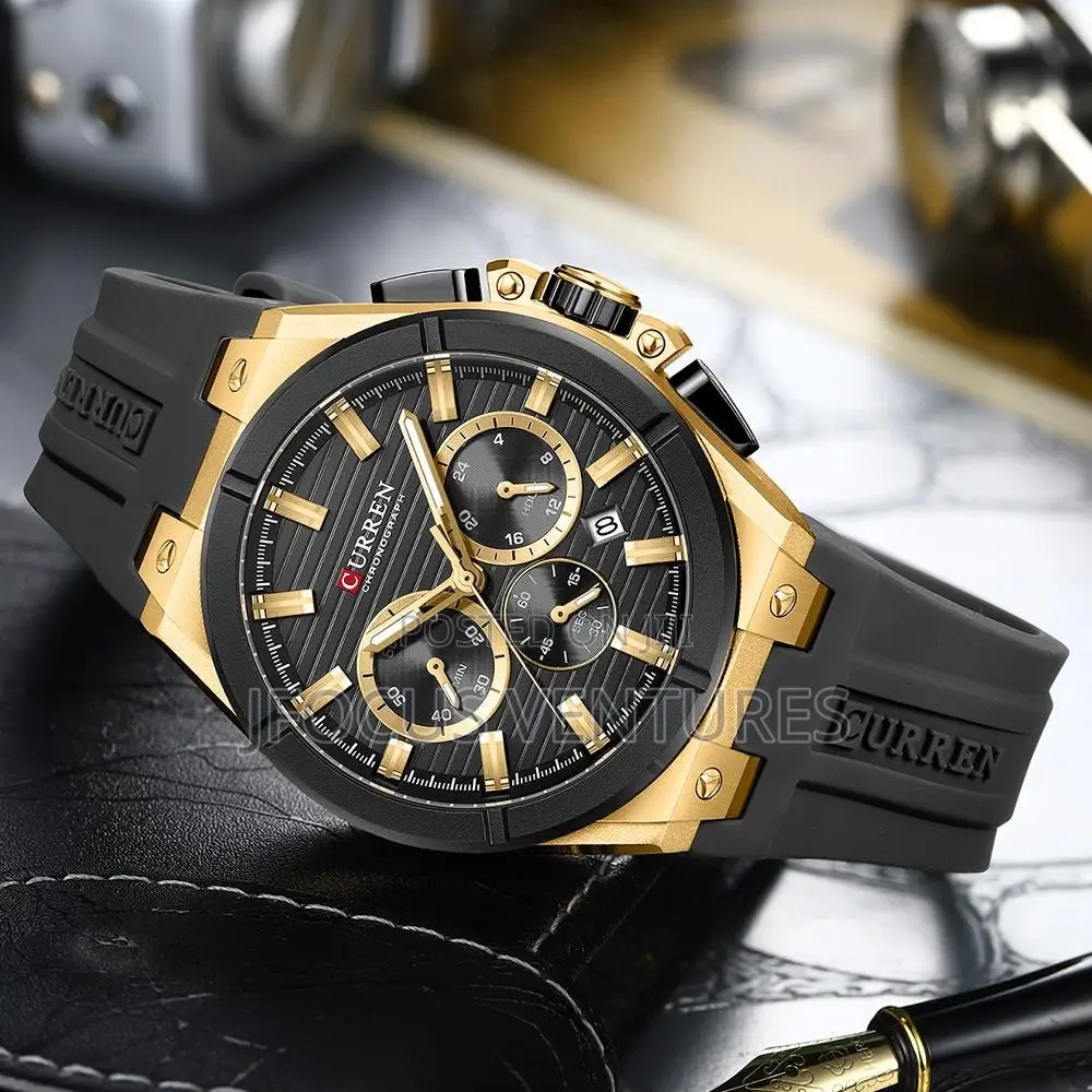 Curren Men Black Wrist Band With Gold/Black Face