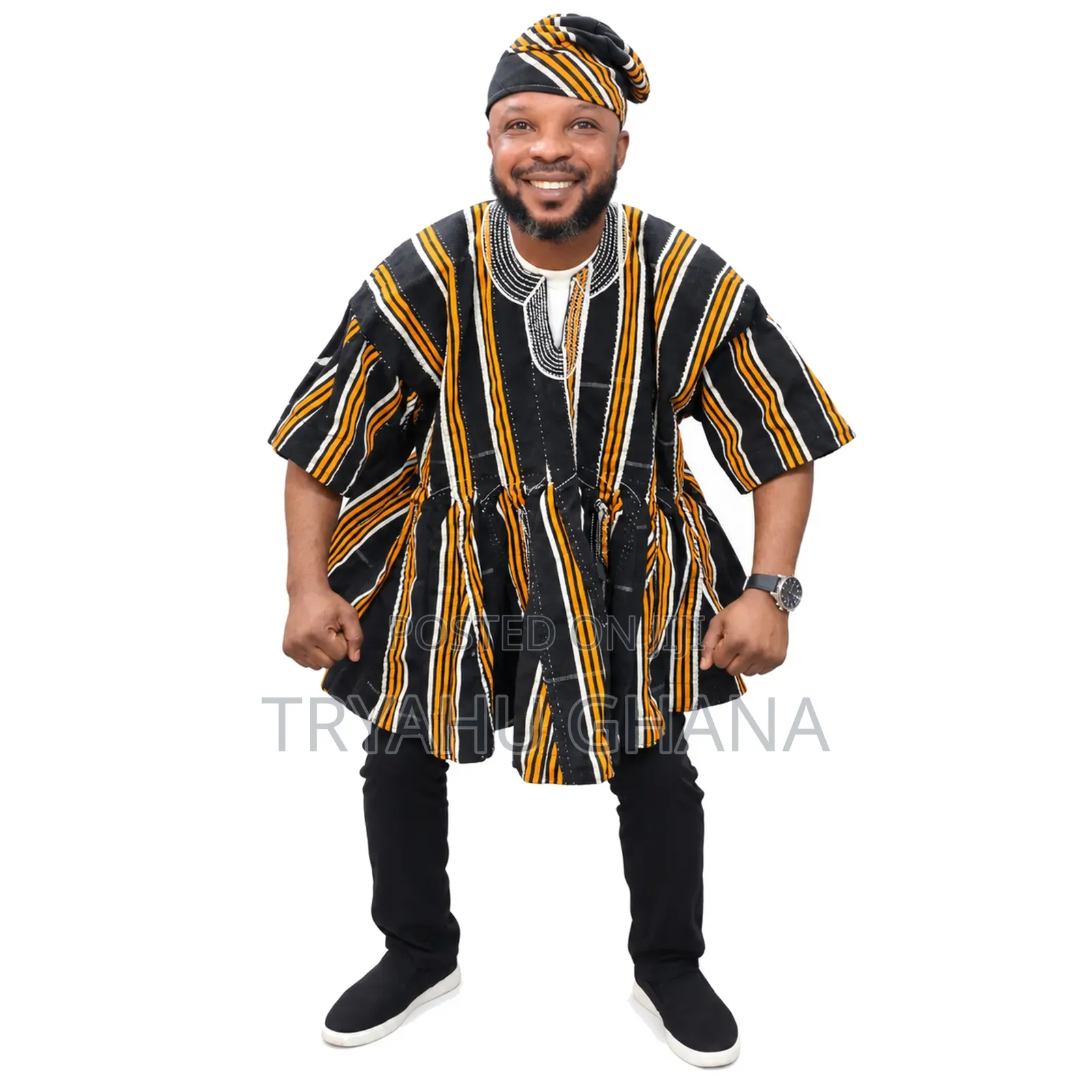 Black, Gold and White Ghanaian Handmade Batakari for Sale at Tryahu