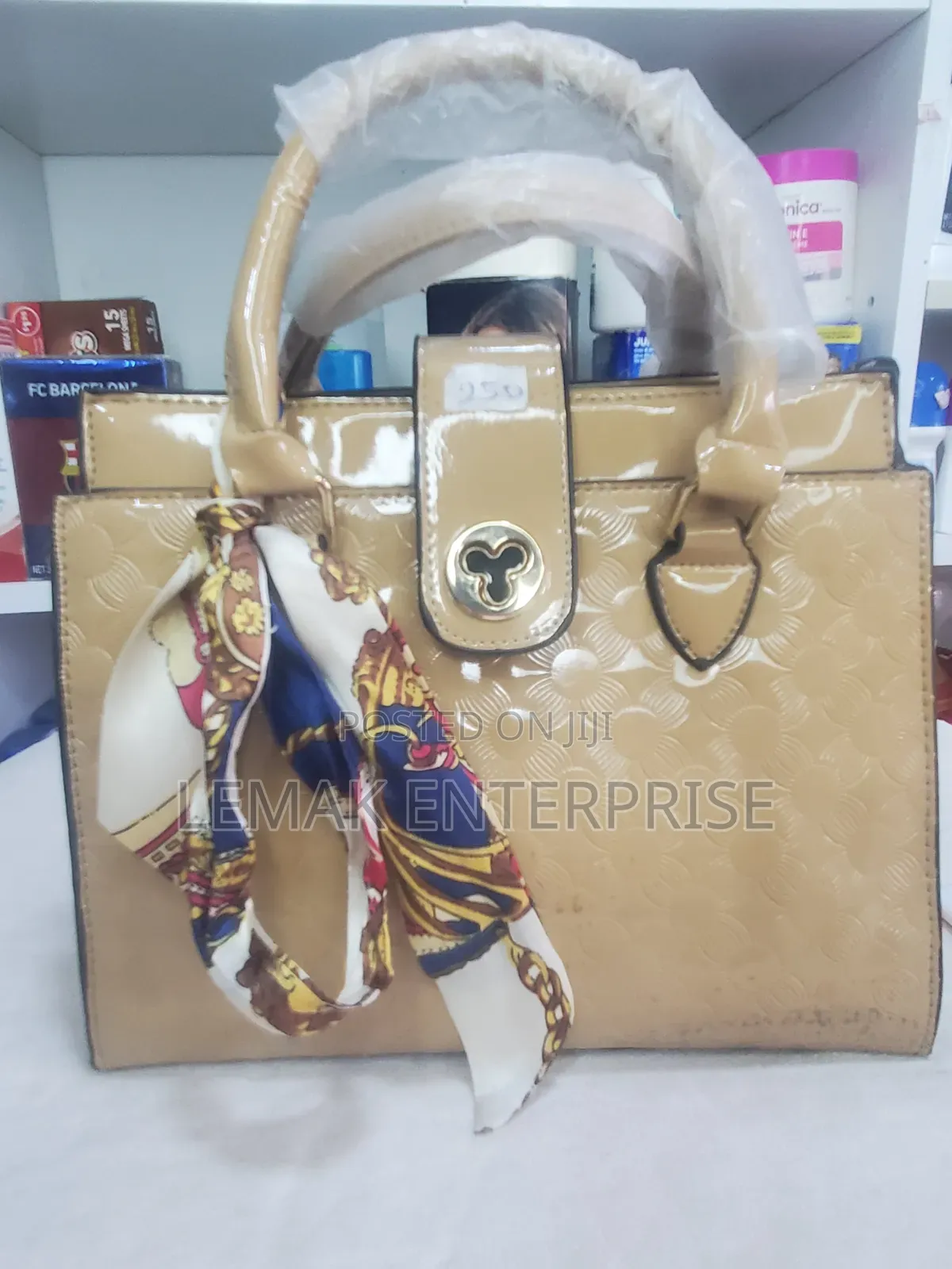 Beige Leather Ladies Hand Bag With Scarf