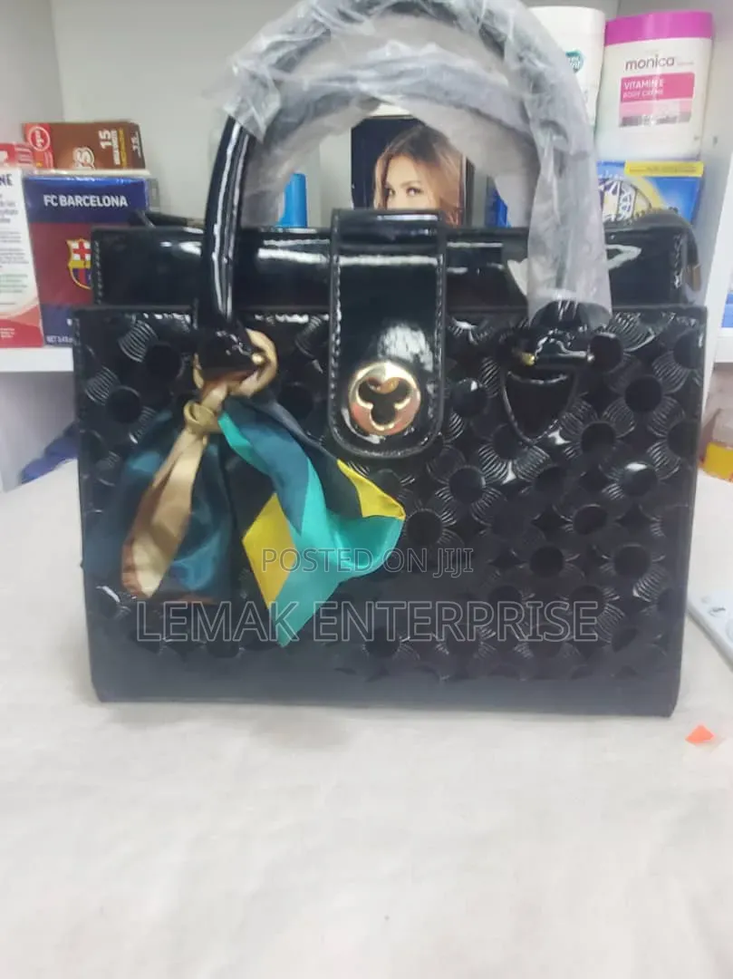 Black Patent Faux-Leather Hand Bag With Satin Scarf