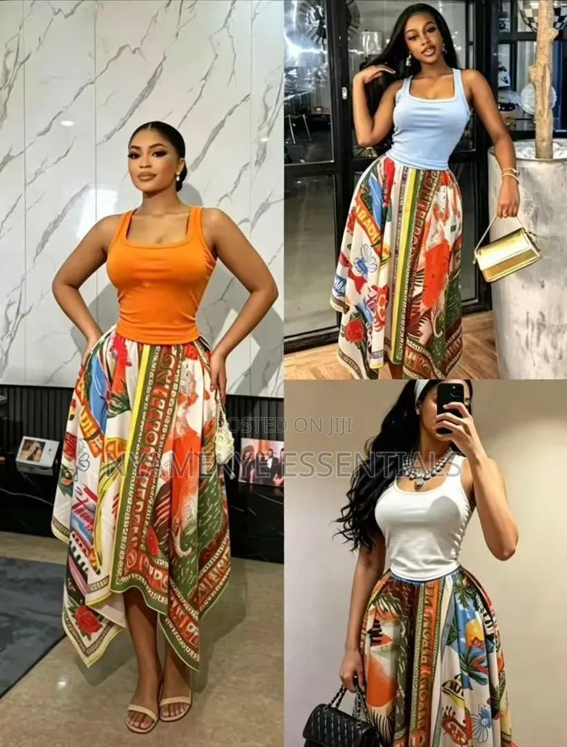 Vintage Print Flowy Skirt+Tank Top Set
