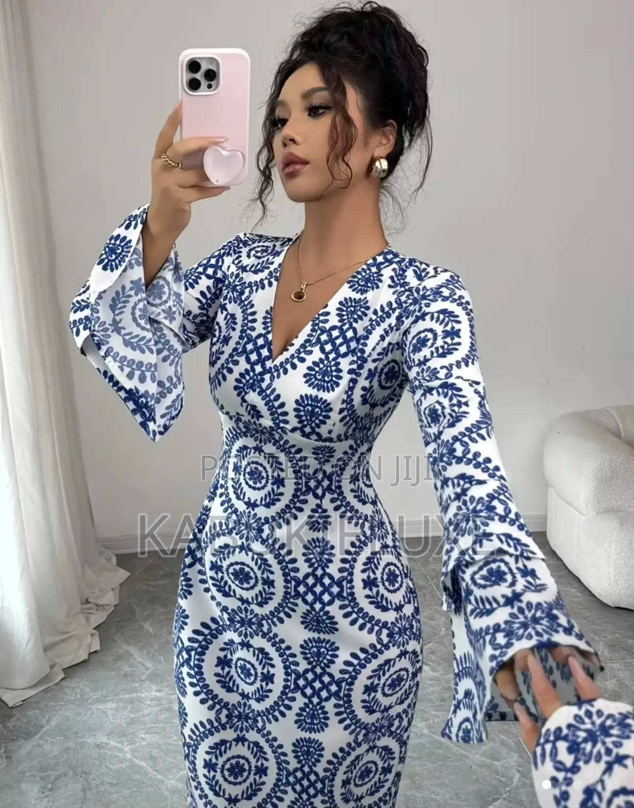 Elegant Blue White Floral Maxi Dress – Slim Fit Flared Sleeves
