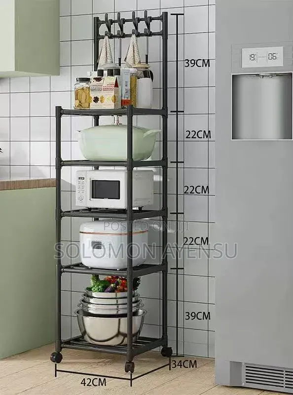 Heavy-Duty Rolling Kitchen Utility Shelf With Hooks