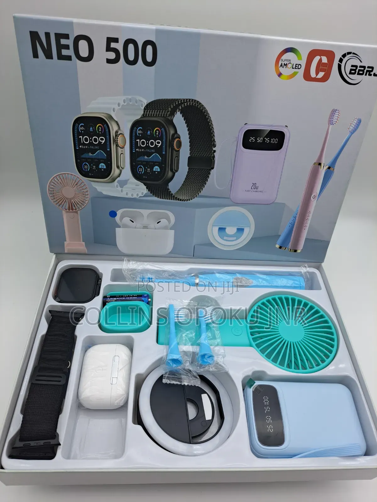 NEO 500 Smart Watch Combo Gift Set [Airpod, P. Bank, Fan, Brush - BLUE