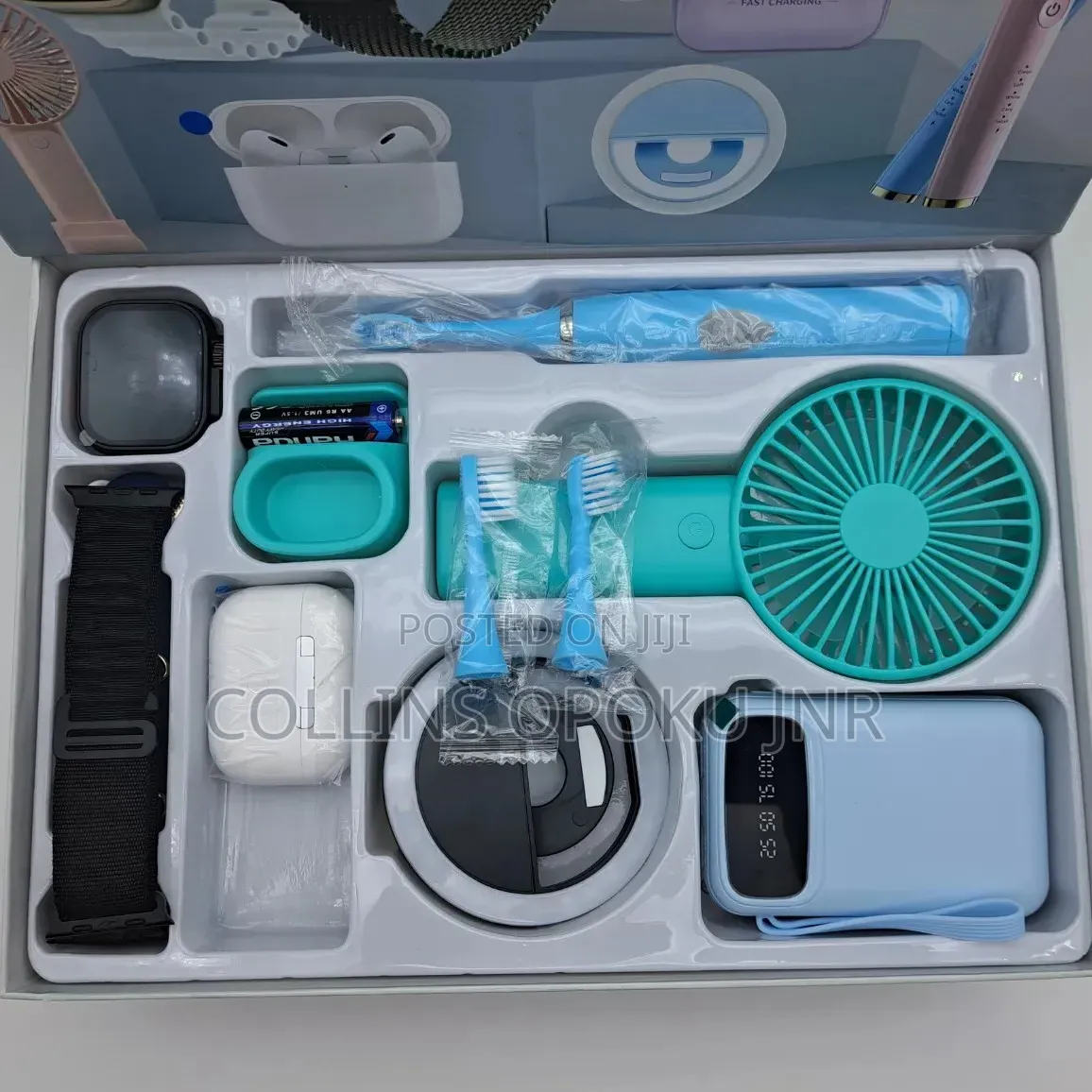 NEO 500 Smart Watch Combo Gift Set [Airpod, P. Bank, Fan, Brush - BLUE