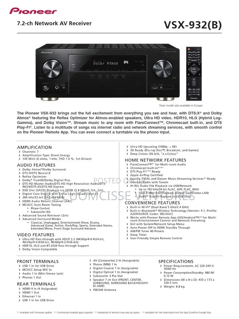 Pioneer VSX 932 Dolby Atmos Avr RECIEVER