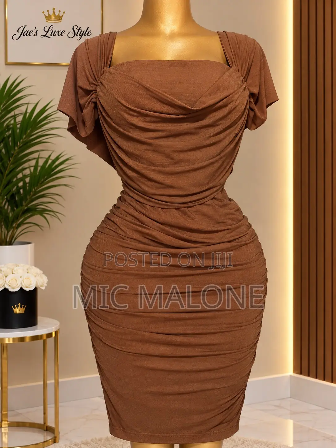 Women’s Brown Ruched Bodycon Mini Dress – Short Sleeve