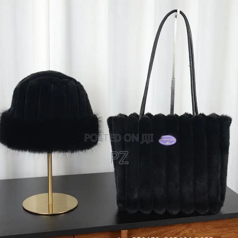 Women's Plush Fur Casual Tote Bag Hat Set