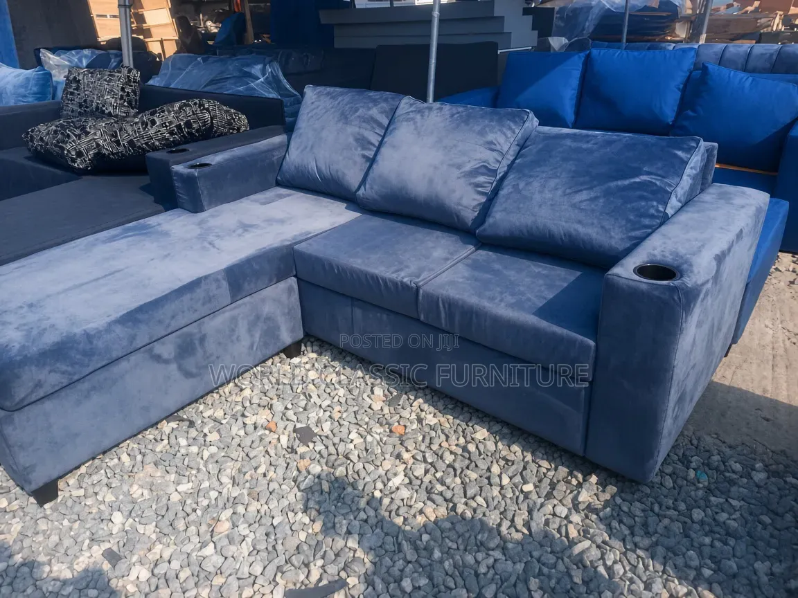 Gray Velvet L-Shaped Sectional Sofa With Cup Holders