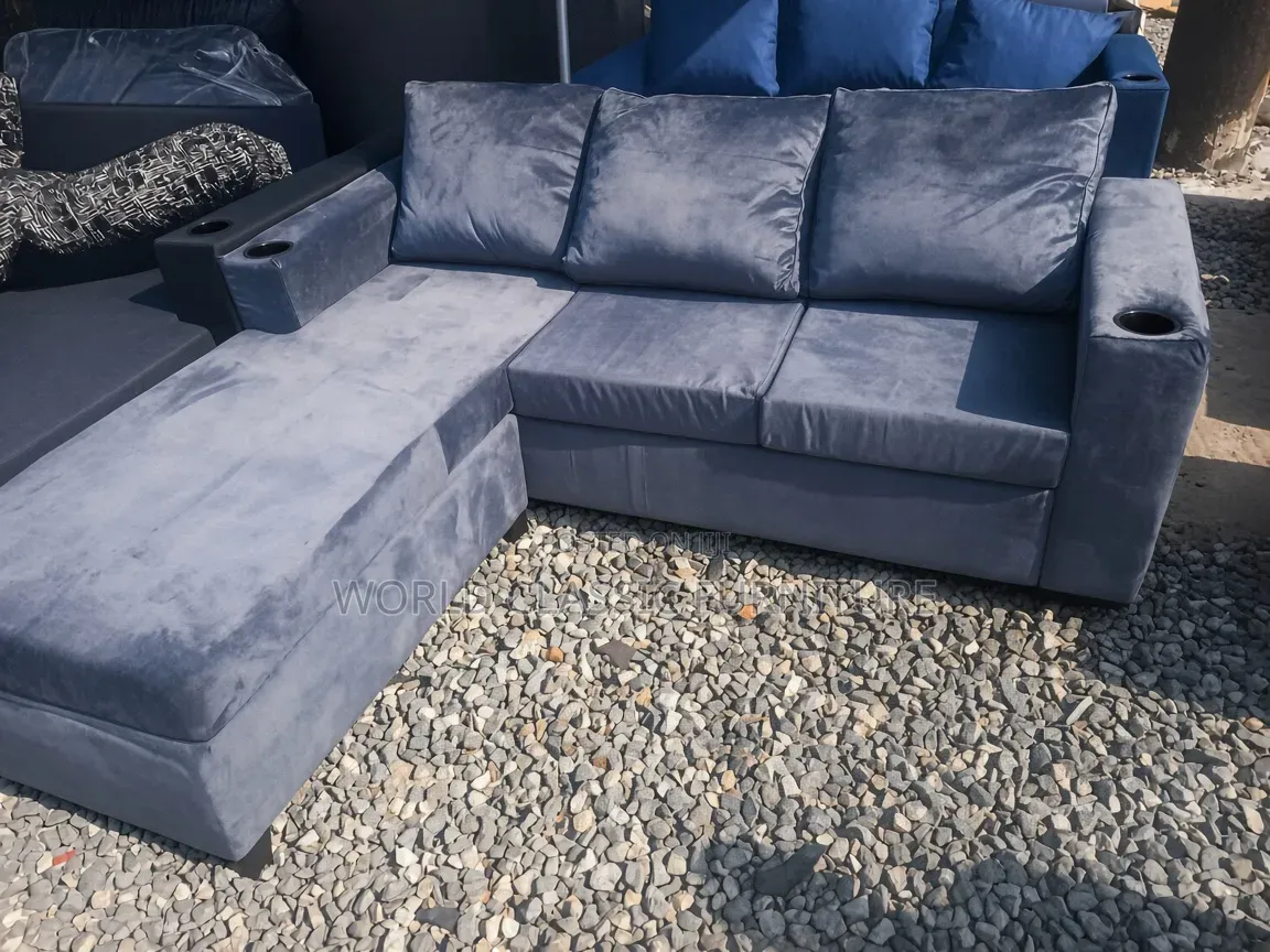 Gray Velvet L-Shaped Sectional Sofa With Cup Holders