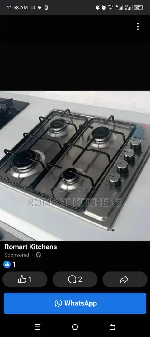 60cm Inbuilt Stainless Steel 4 Burner Gas Cooker