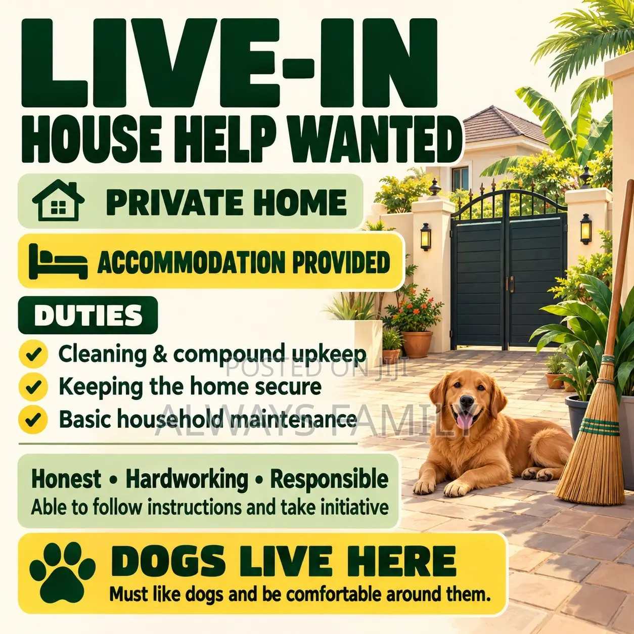 Live-in House Help Wanted – Accommodation Provided
