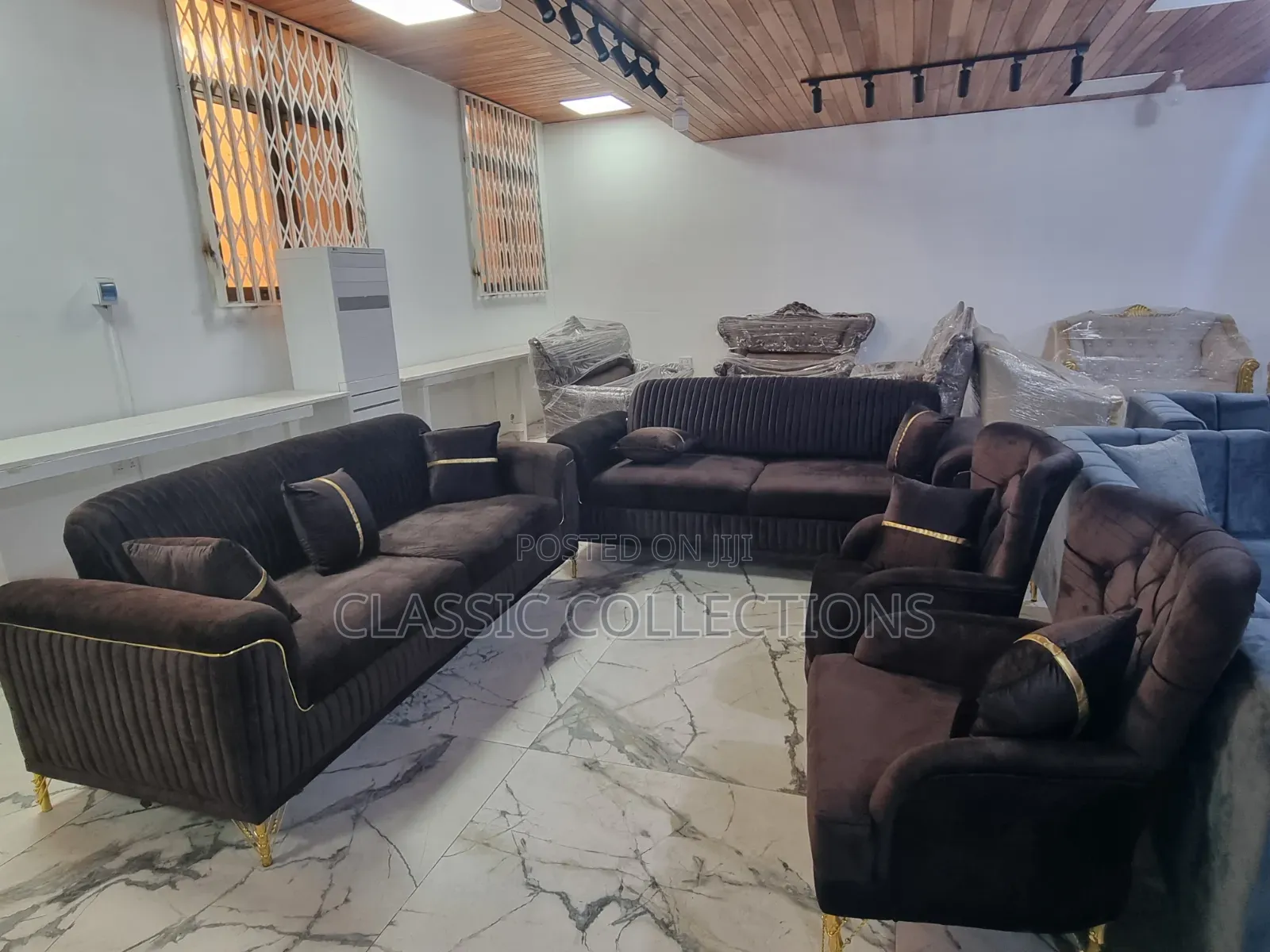 8-Seater Velvet Sofa Set With Gold Piping Accents