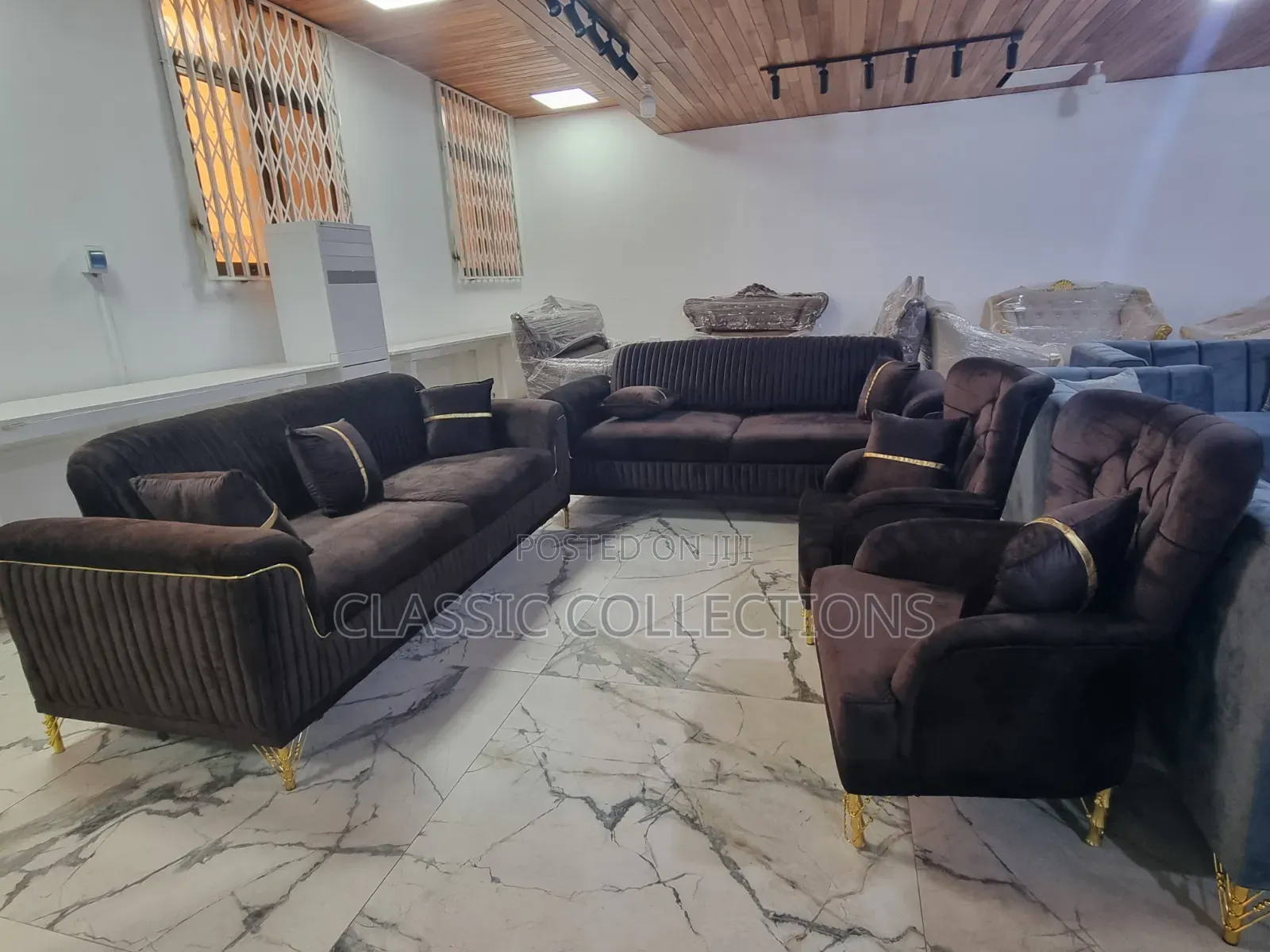 8-Seater Velvet Sofa Set With Gold Piping Accents