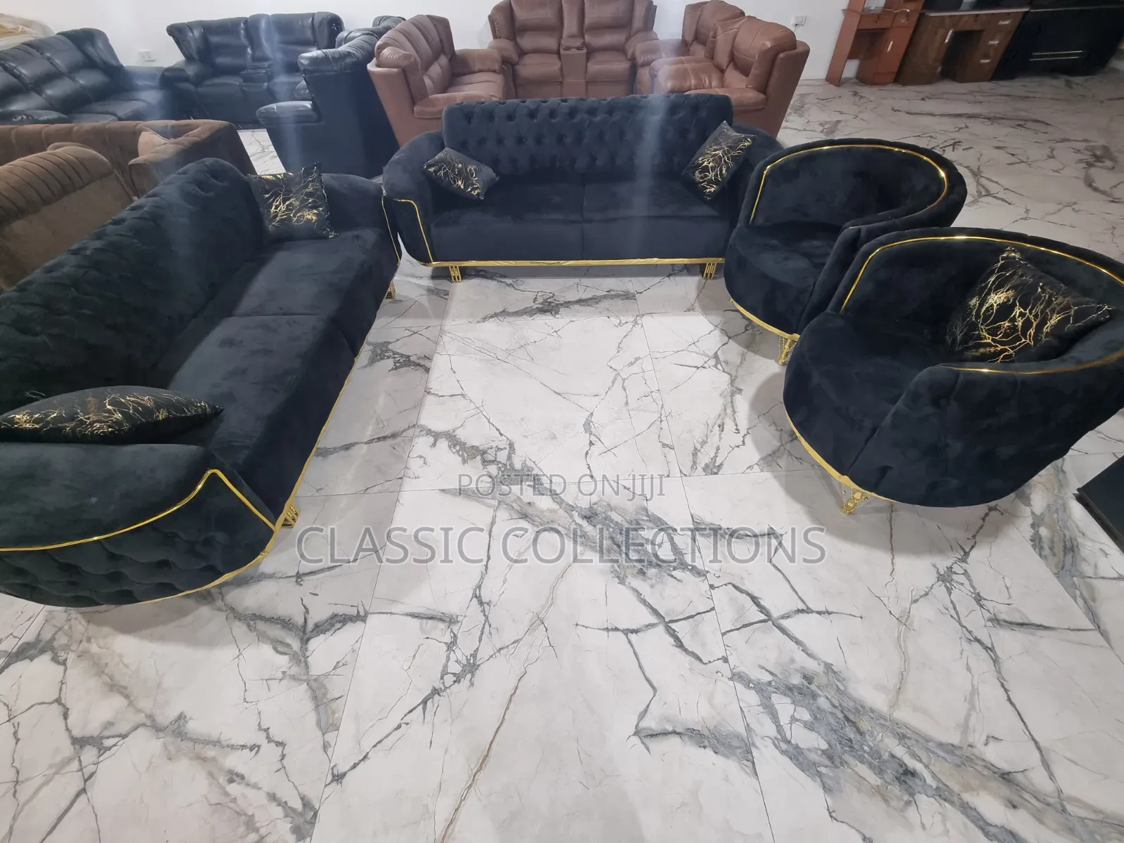 8-Seater Black Velvet Sofa Set With Gold Trim Tufted Accents