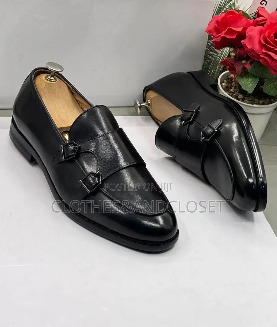 Sleek Black Leather Double Monk Strap Dress Shoes Withpolished Finish