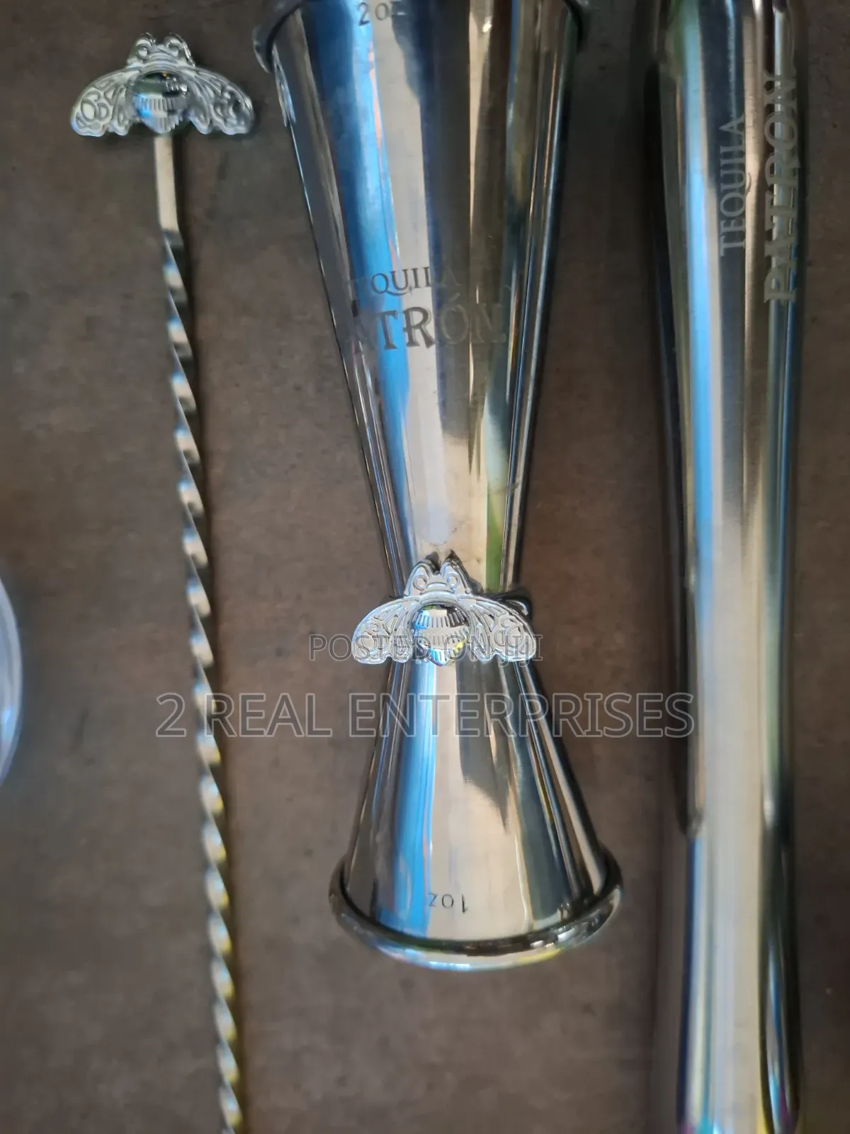 Patrón Tequila Steel Set Jigger Squeezer Spoon Muddler Glass Mirror