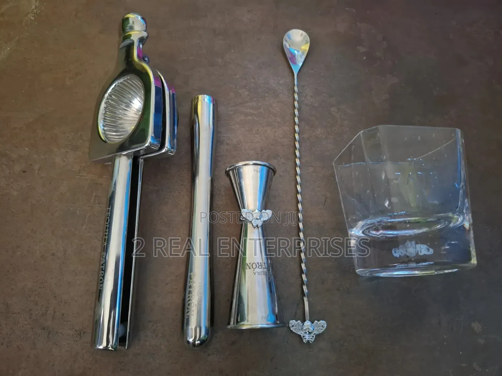 Patrón Tequila Steel Set Jigger Squeezer Spoon Muddler Glass Mirror