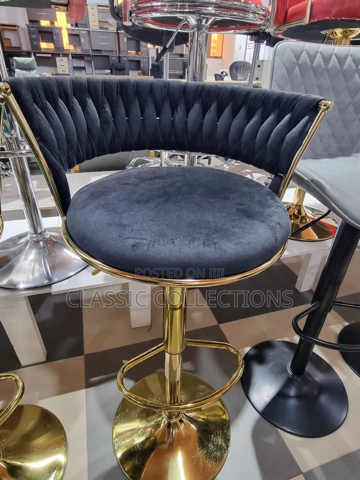 Basket-Weave Velvet Bar Stool With Adjustable Gold Pedestal Base