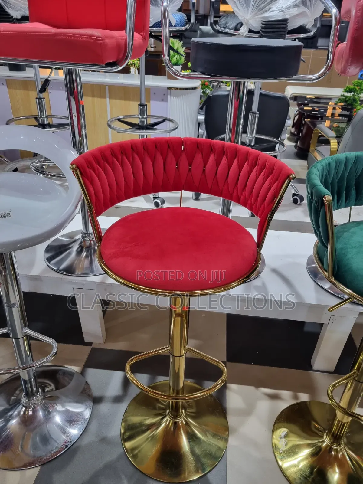 Basket-Weave Velvet Bar Stool With Adjustable Gold Pedestal Base