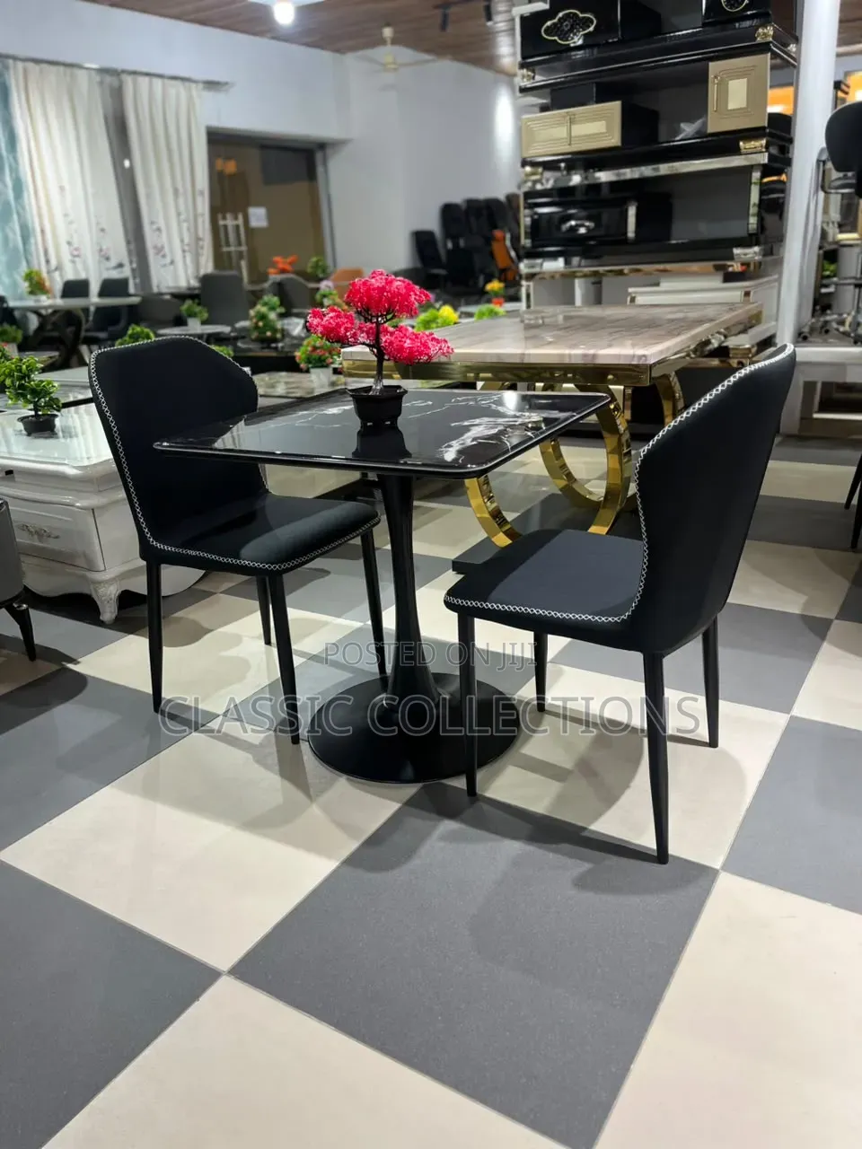 Modern 2-Seater Square Marble-Effect Dining Set With Pedestal Base