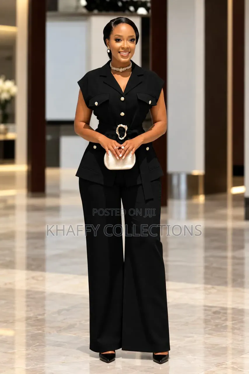 Luxury Two Piece Set Blazer Top With Gold Belt+ Wide Leg Palazzo