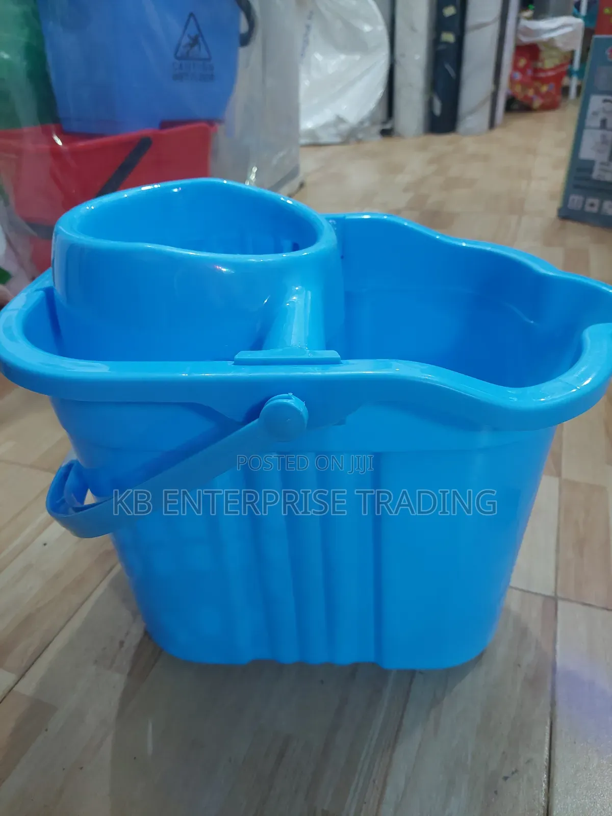 Blue Plastic Mop Bucket With Integrated Wringer